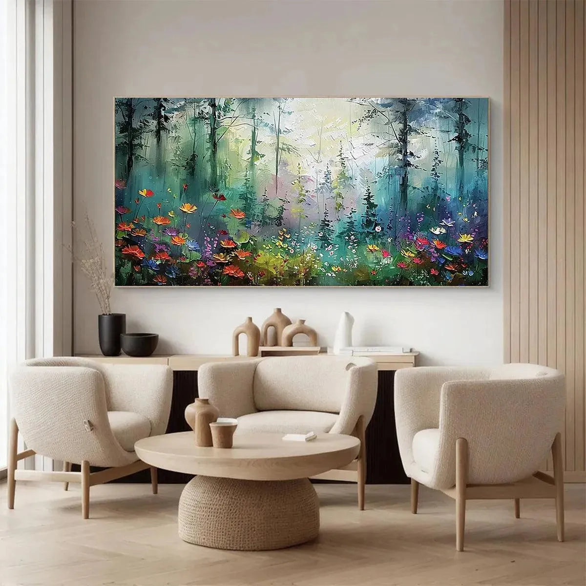 Modern living room featuring Elodie Dubois' 'Whispering Woods' artwork with colorful wildflowers.