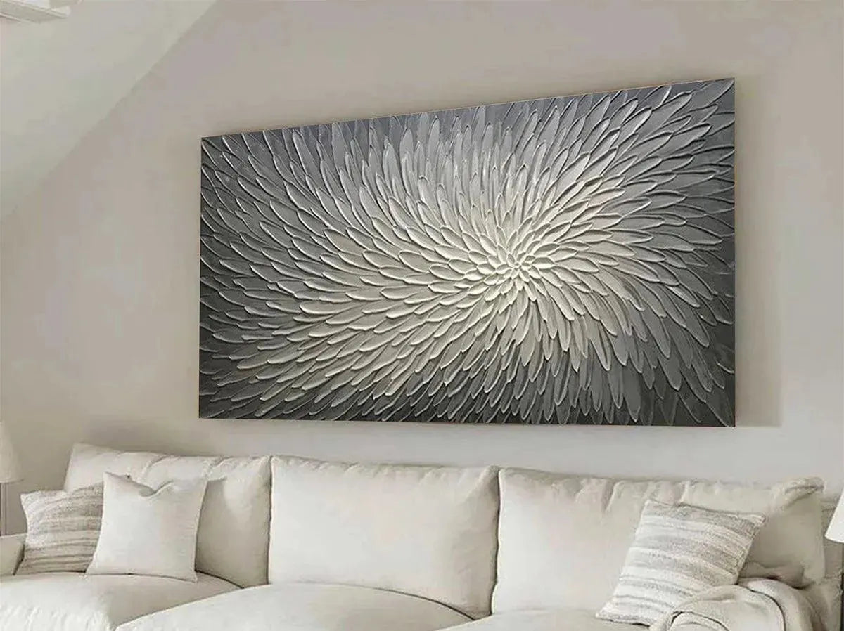 Silver Swirl abstract painting by Isabella Rossi, grey and white textured artwork above white sofa in modern living room.
