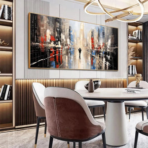 Urban Solitude minimalist cityscape painting with lone figure on rain-slicked street in modern dining room.