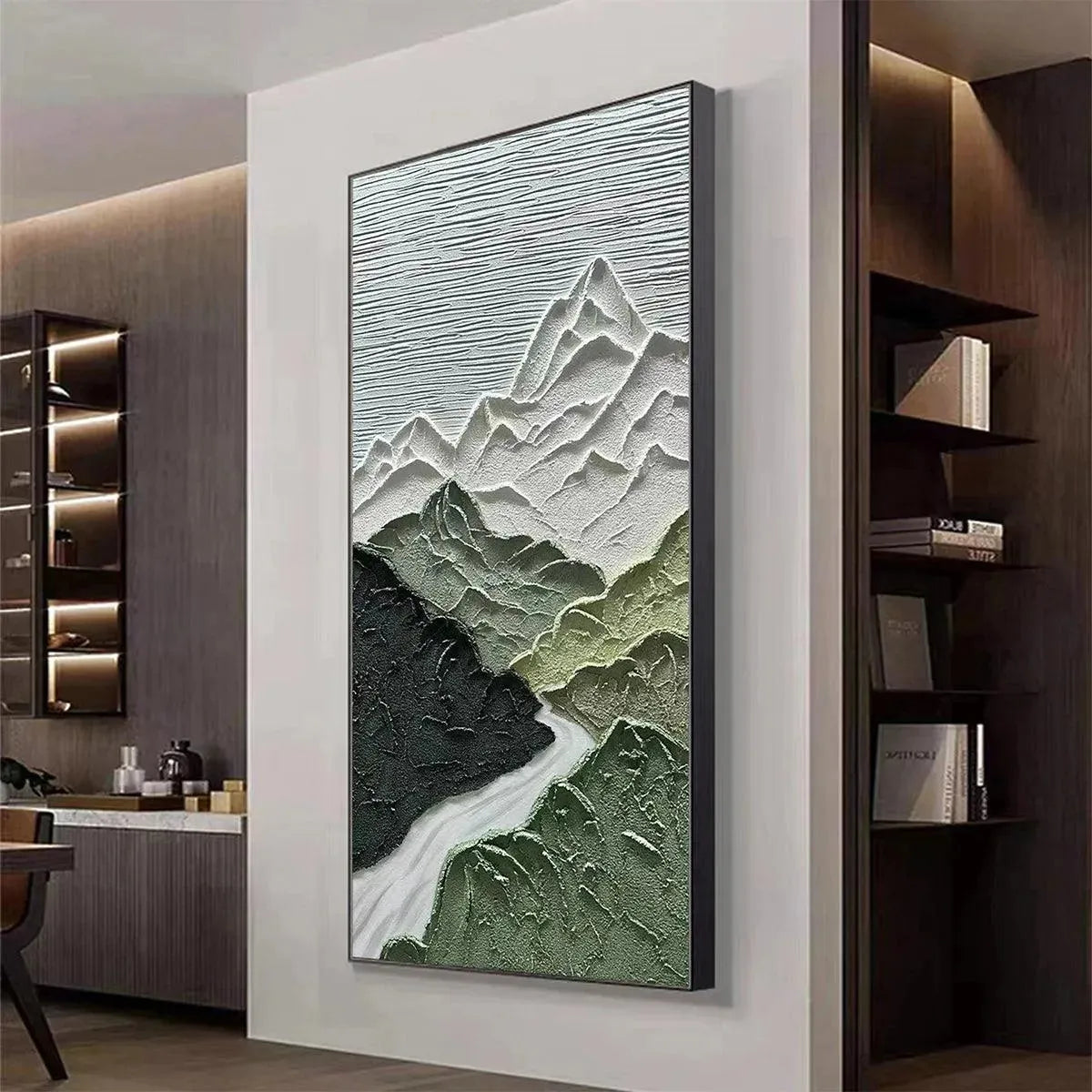 JADE PEAK textured vertical painting: green & white impasto mountains, river detail.