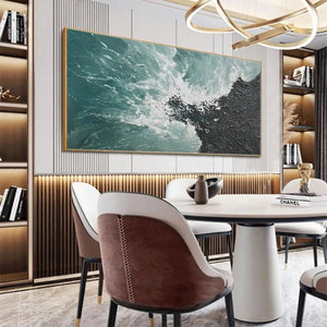 TURQUOISE CRASH seascape painting by Liam O'Connell: teal and black textured waves, framed artwork.