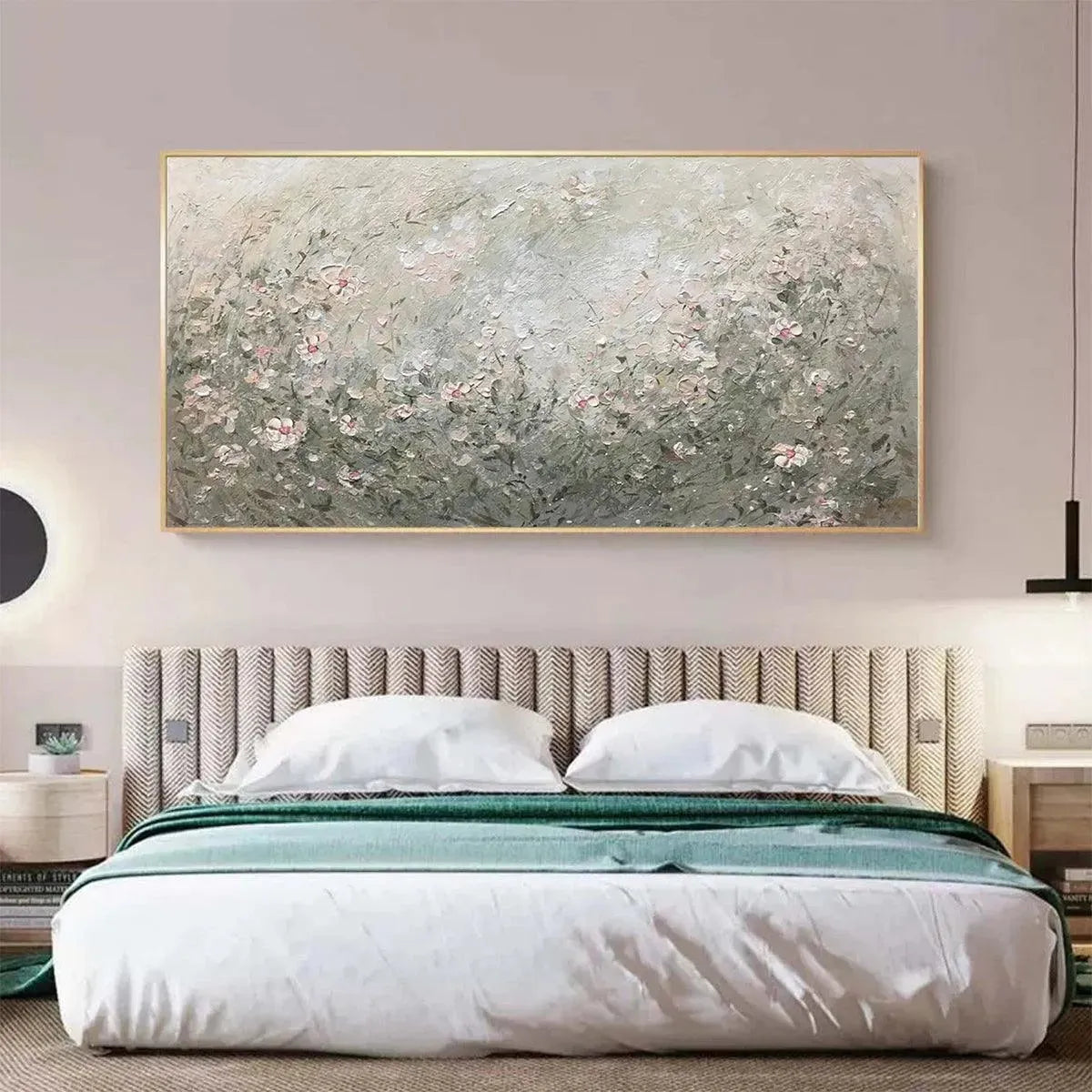 Whispering Meadow oil painting by Elodie Dubois in a bedroom setting, impressionistic wildflower landscape, framed art