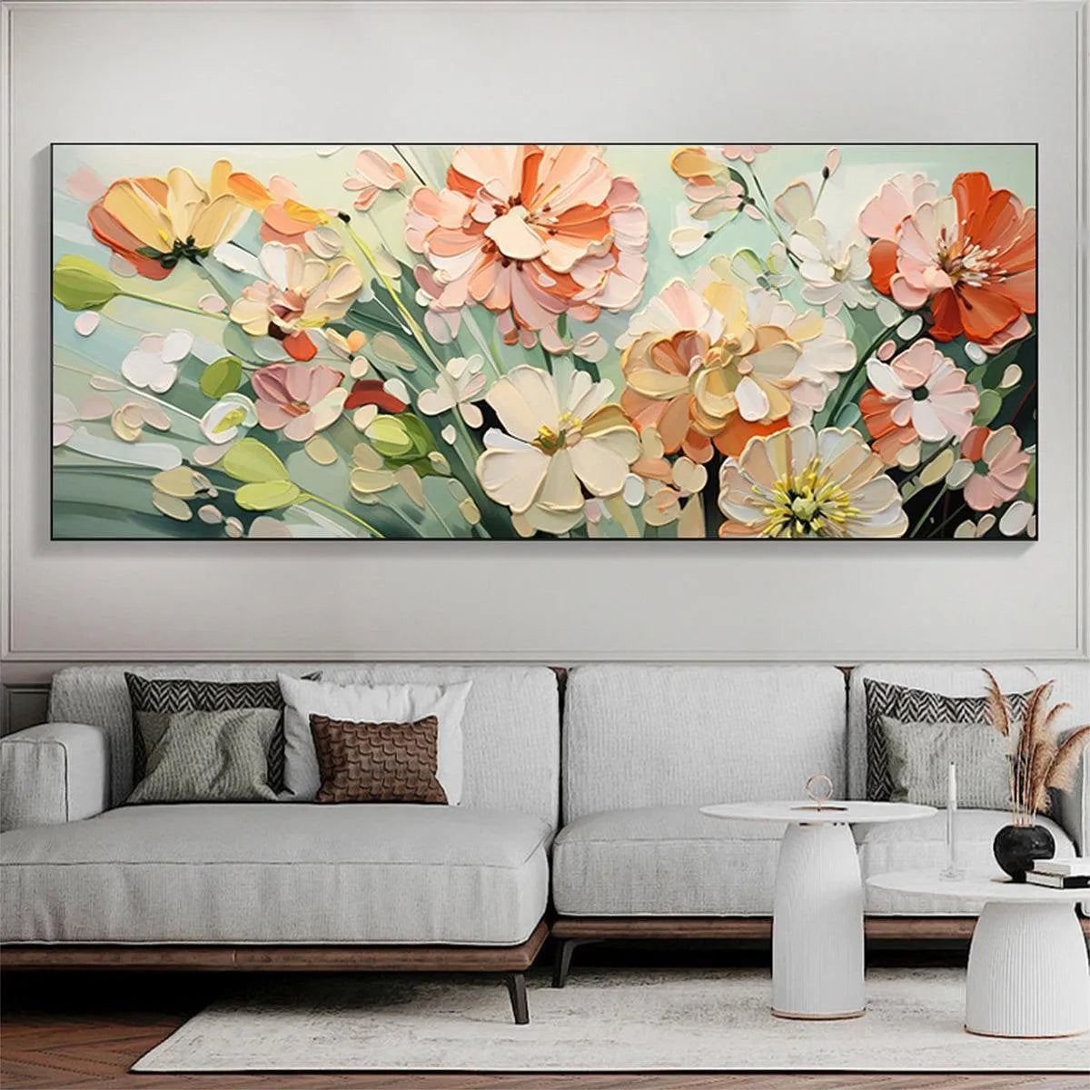 SUNKISSED GARDEN impasto painting texture: orange, white, peach flowers by Elodie Dubois.