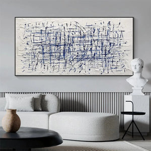 Javier Ramirez BLUE GRID abstract painting, textured white with blue lines, framed modern art.