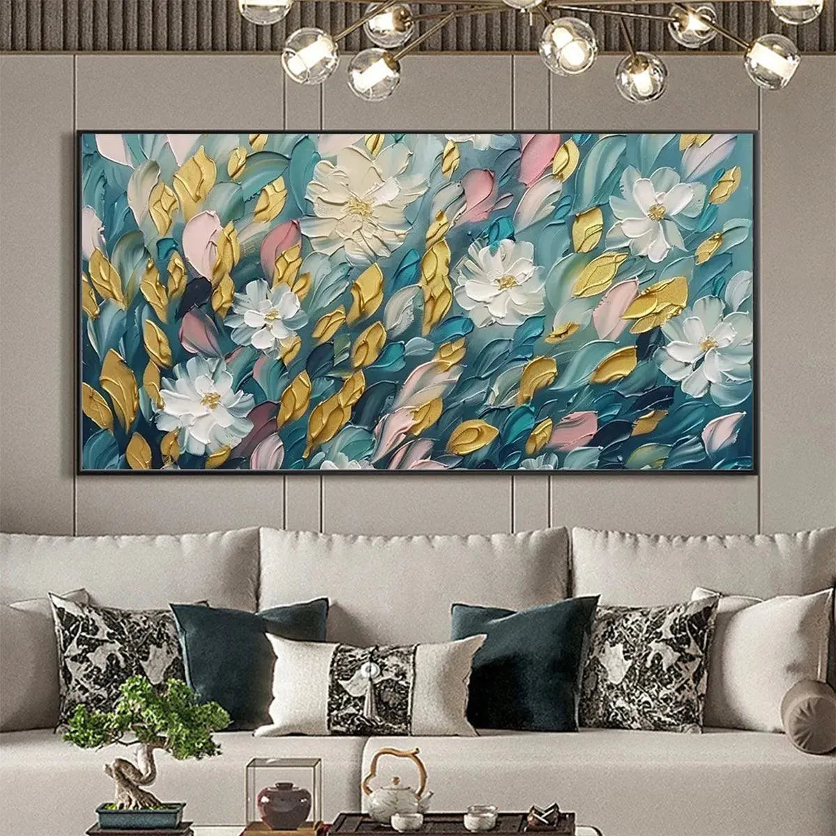 Golden Garden painting by Elodie Dubois: textured flowers, gold and teal leaves, pink details, framed.