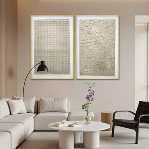 Textured Beige Grid Set by Javier Ramirez in modern living room, minimalist art for home decor, beige tones.