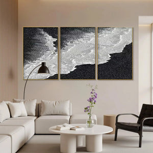 Abstract black and white ocean waves triptych art by Liam O'Connell, gold framed, modern wall decor