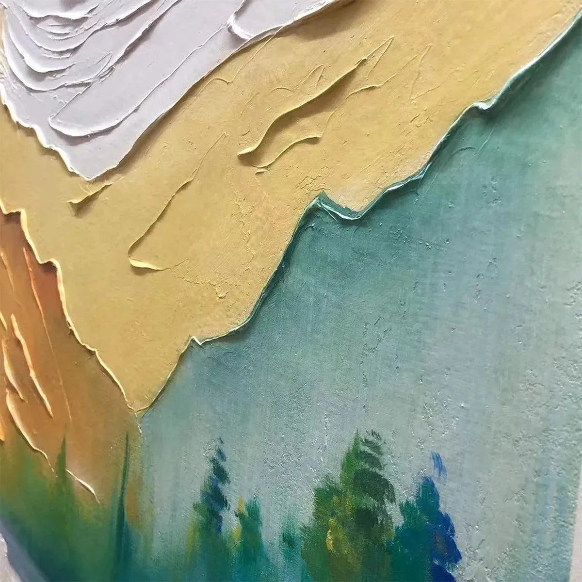Close-up of Isabella Rossi's Autumn Valley impasto painting, showing thick textured paint in golden yellow, teal, and white.