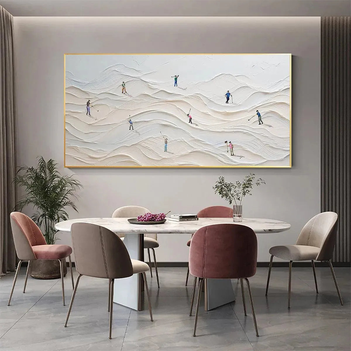 Fairway Vista impasto golf painting by Liam O'Connell, featuring golfers on textured white dunes, lifestyle context.