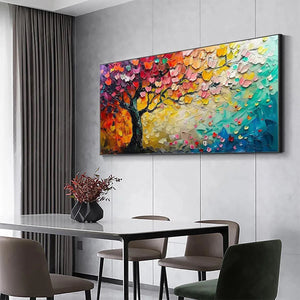 Original textured impasto wall art of a tree with colorful, autumnal leaves and butterflies.