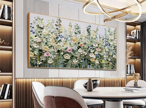 Spring Meadow impasto floral painting with cream, pink, yellow roses, displayed in a modern dining room lifestyle setting.