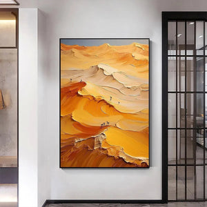 Golden Dunes impasto painting of textured orange desert dunes with small figures, vertical artwork for living room.