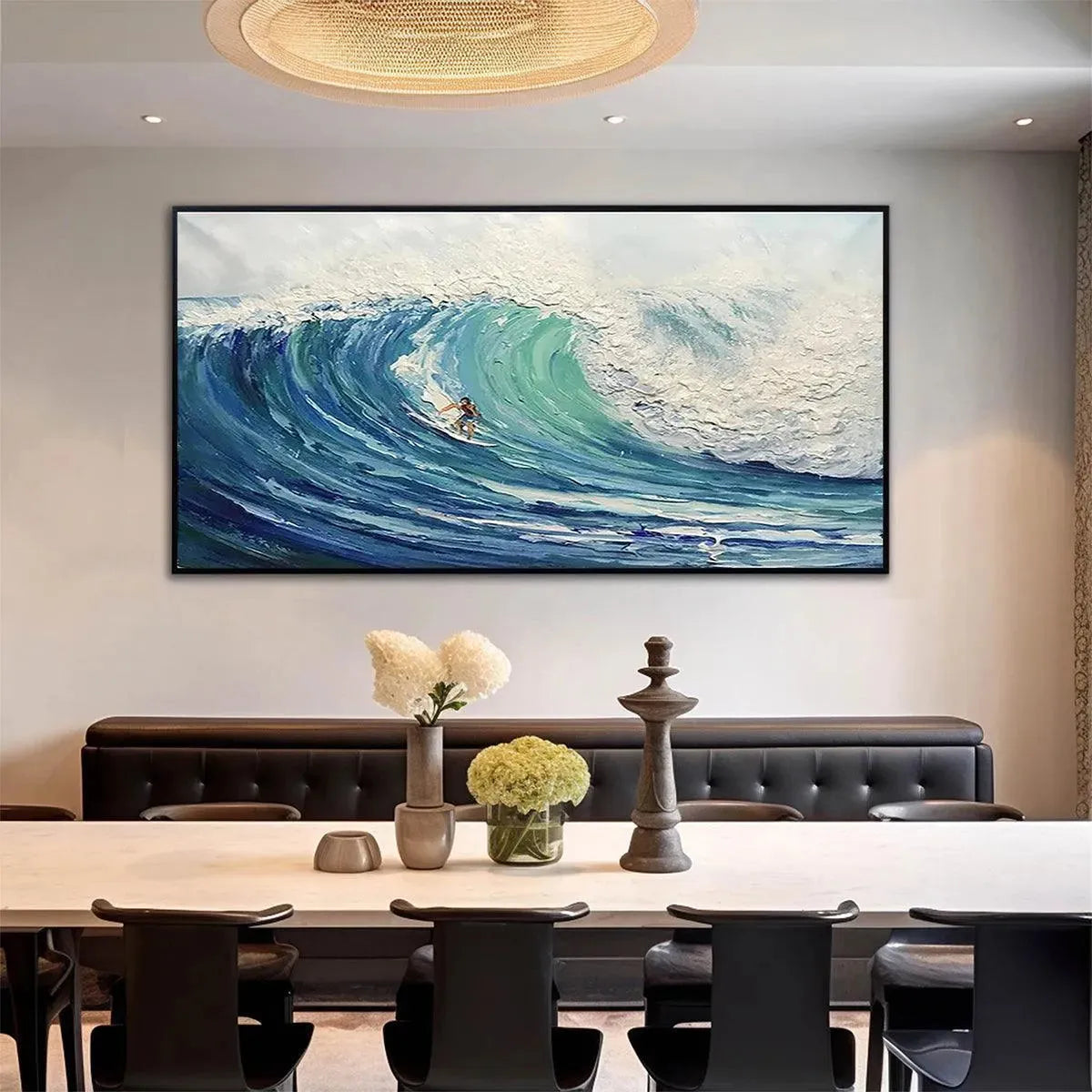 Original oil painting Emerald Surge: textured ocean wave with surfer by Liam O'Connell, in a dining room.