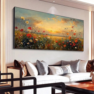Liam O'Connell 'Sunset Field' oil painting over sofa: vibrant red, orange, blue wildflowers at golden hour.