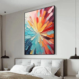 Vibrant, textured abstract 'Colorful Radiance' painting with radiating strokes in a modern bedroom.