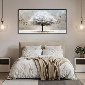 WINTER'S GRACE Liam O'Connell textured white tree painting with gold accents above a bed, lifestyle setting.