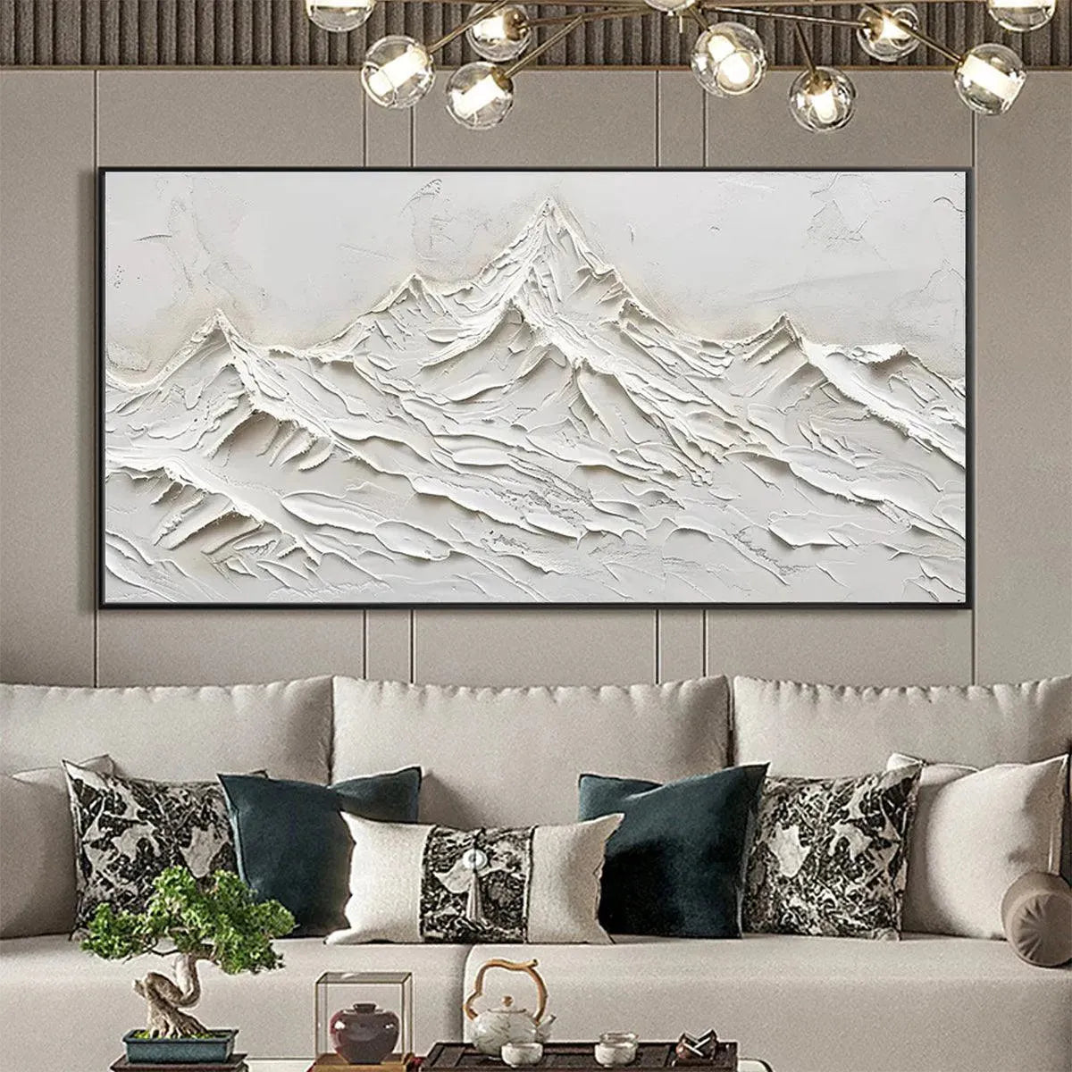 Textured white impasto mountain abstract painting by Javier Ramirez, horizontal minimalist wall art for living room.