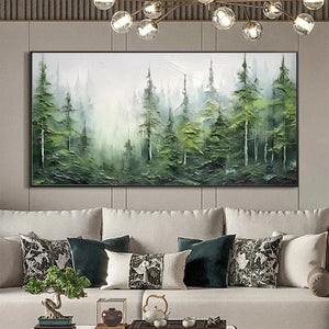 Textured impasto oil painting: misty emerald forest with thick pine trees, showing atmospheric depth.