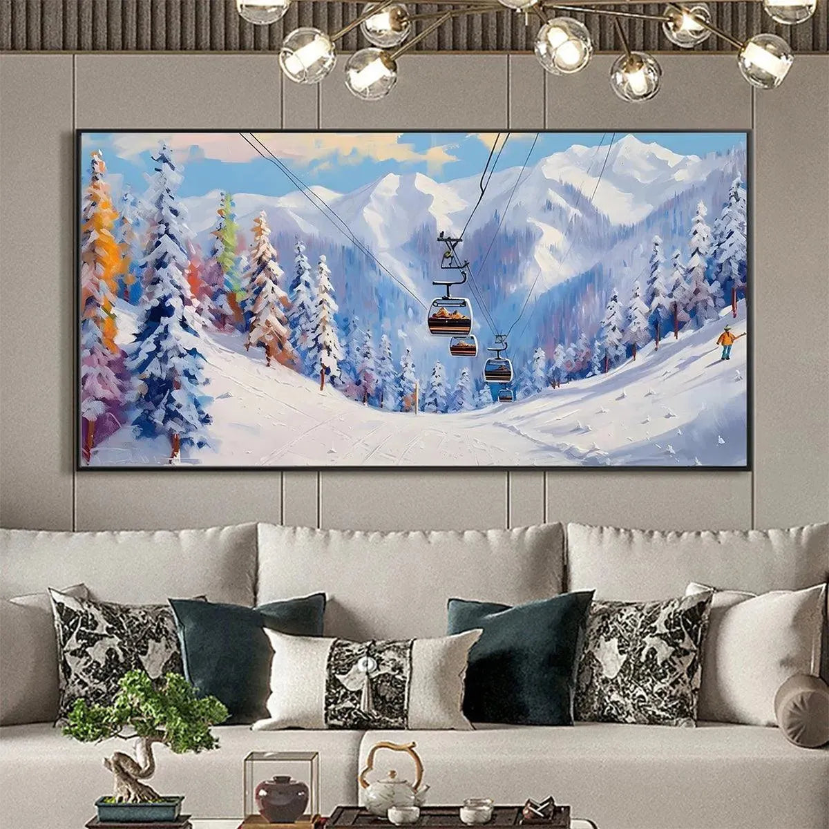 Chak Yu Lam panoramic ski resort oil painting in living room with vibrant impasto trees, snowy mountains, ski lift.