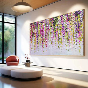 Wisteria Cascade textured impasto painting of cascading pink, purple, green blossoms in a modern living room.