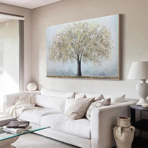 Golden Tree painting by Javier Ramirez, gold and grey textured art. Modern artwork for home decor, serene living room.