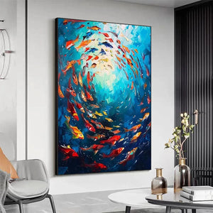 CORAL REEF DANCE painting by Yan Nan Li: Colorful fish artwork with dynamic swirling movement and vibrant colors.