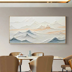 Original textured abstract mountain wall art, "Tranquil Peaks" by Chen Liu. Beige, blue, peach hues, framed.