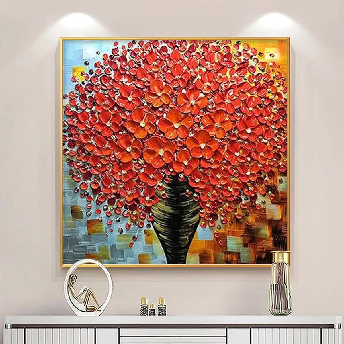 Crimson Bouquet textured impasto painting, red flowers, gold frame, displayed in modern home.