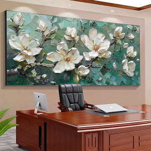 Textured impasto painting of white magnolias on teal green background, horizontal canvas art for living room decor.