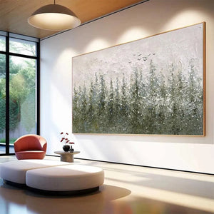 Misty Forest painting by Liam O'Connell: textured landscape in green and gray tones, displayed in a modern living room.