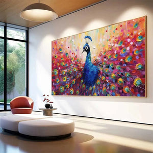 MAJESTIC PEACOCK painting by Willow Davies, peacock with vibrant feathers in a modern living room. Ideal home decor.