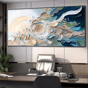 Oceanic Bloom abstract impasto wall art: blue, beige, gold swirls, ocean waves, floral forms, office decor.