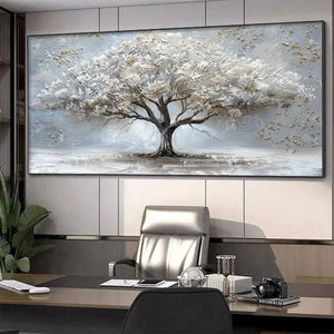 Textured white and gold tree painting, Silver Lining by Liam O'Connell, in a modern office setting.