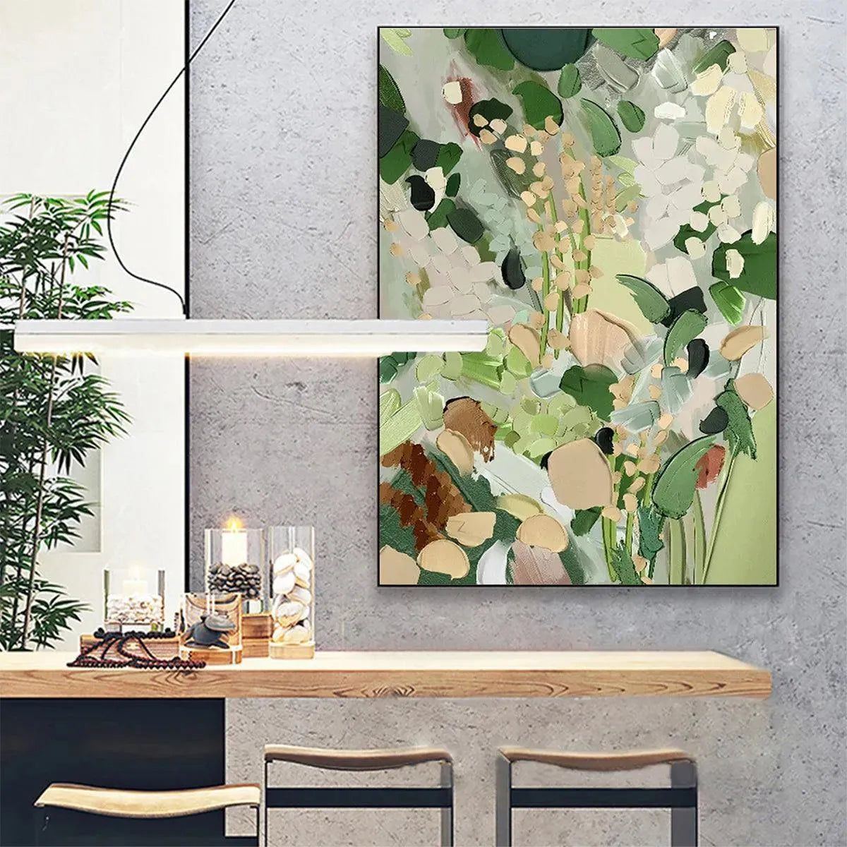 Textured abstract floral painting 'Whispering Meadow' in green and gold, displayed in a modern living room setting.
