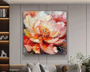 Isabella Rossi's textured impasto painting of a vibrant pink and orange peony, displayed in a modern room.