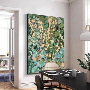 Elodie Dubois 'Enchanted Garden' vertical painting, abstract floral, green, blue, peach, impressionistic, room context.
