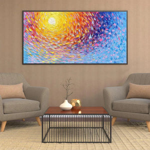 SUNRISE SERENADE abstract painting, textured impasto strokes in yellow, blue, pink, orange, and purple, in a room setting.