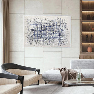 Blue Weave abstract painting by Javier Ramirez, textured blue and white artwork, modern home decor.