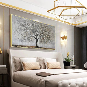 SILVER BIRCH textured tree painting in grey & gold tones, integrated into a modern bedroom interior design.