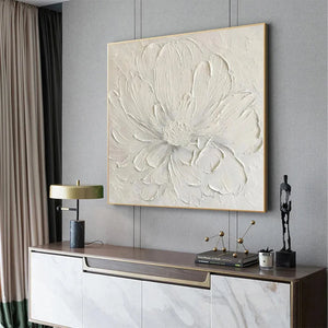Textured white peony painting in a gold frame, minimalist floral artwork for home decor by Elodie Dubois, MontCarta