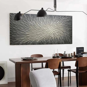 Silver Swirl abstract painting by Isabella Rossi, grey and white textured artwork for dining room decor.