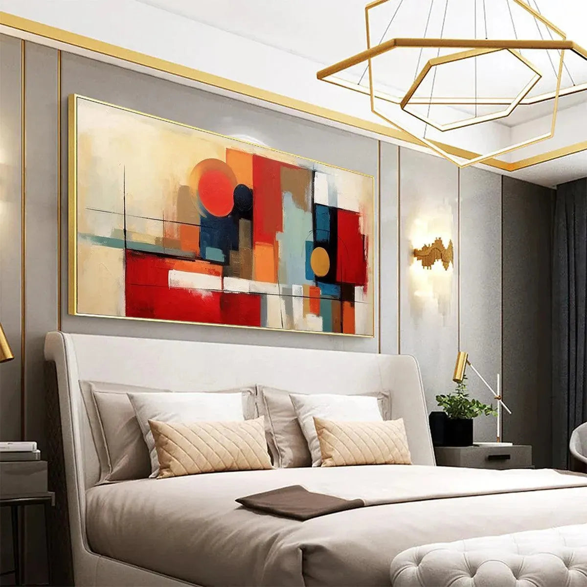 Red & gold Urban Geometry abstract art above gray bed, modern bedroom setting.