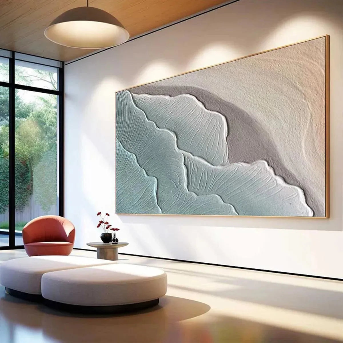 Emerald Waves abstract seascape painting by Liam O'Connell, textured teal and grey, framed in gold, modern interior.