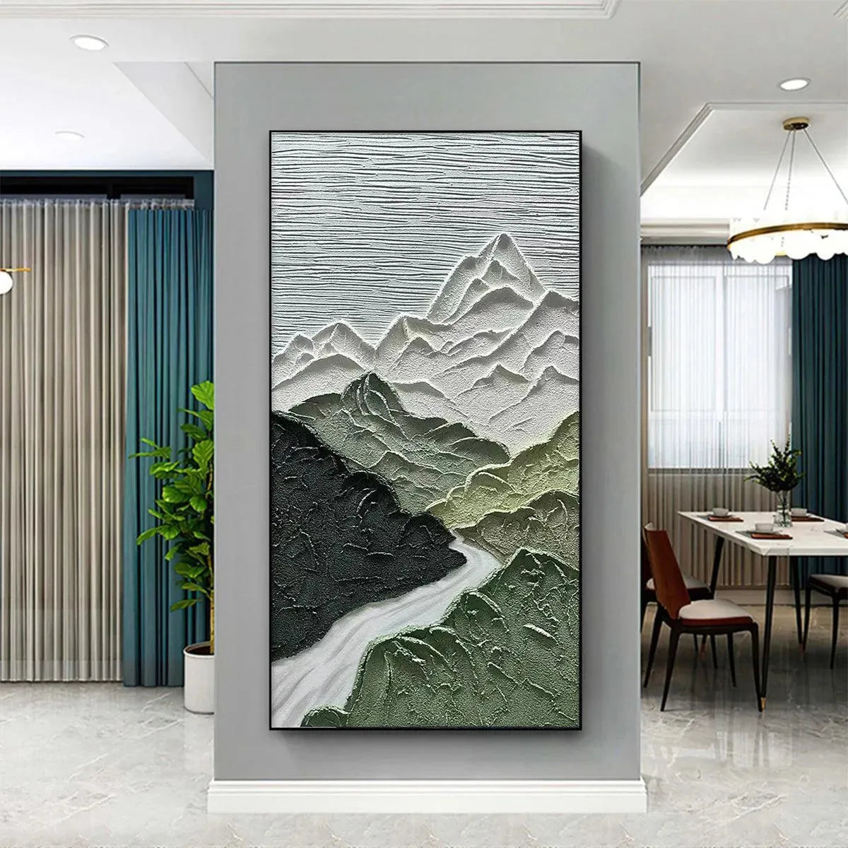 Jade Peak textured painting: Impasto green and white mountain landscape with river, displayed in modern dining room.
