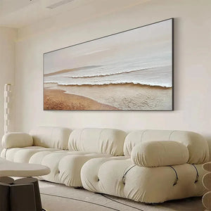 WHISPERING TIDES textured impasto beach painting, beige sand, white waves, modern living room decor.