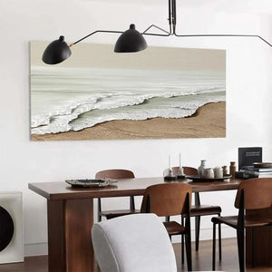 Liam O'Connell's 'Serene Shore' coastal painting; beige waves, sandy shore, framed, showcased in dining room setting.