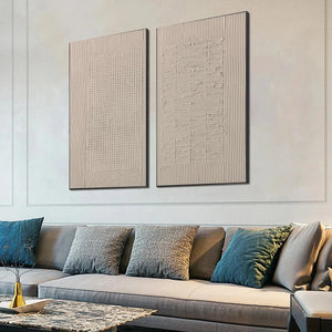 Textured Grid Duo beige abstract paintings by Javier Ramirez, set of 2 artworks adding modern elegance for living room decor