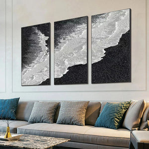 Liam O'Connell Black & White Ocean Triptych art above gray sofa, black and white abstract waves, modern vertical wall decor