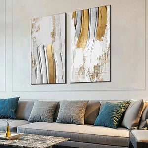 GOLDEN LINES DIPTYCH: Vertical textured abstract art set of 2, gold, silver, white impasto paintings above sofa.