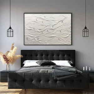 Liam O'Connell's 'White Greens' painting, abstract golf impasto on white textured landscape in bedroom.